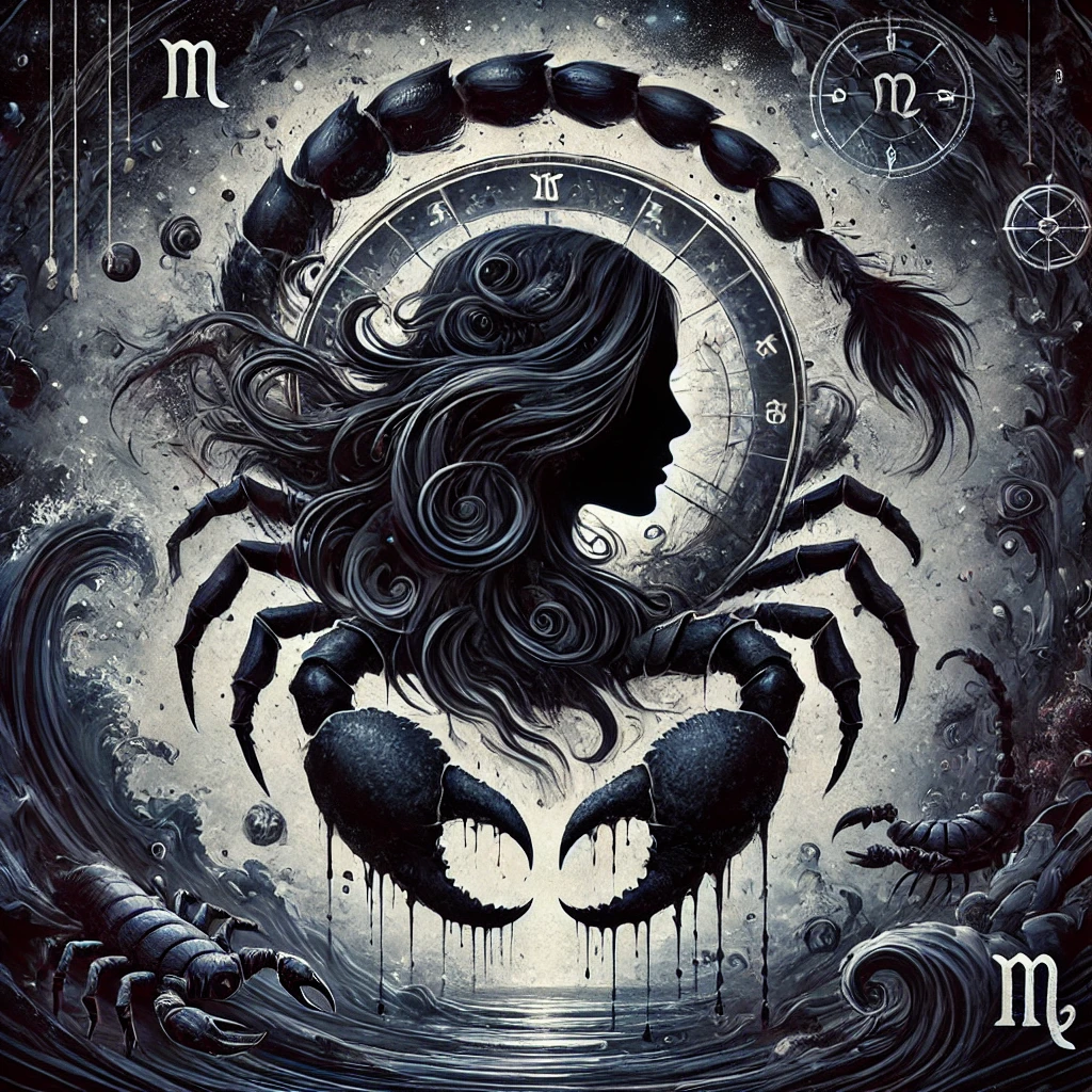 Ілюстрація знака зодіаку Скорпіон, представлена як темний емпат. Вона відображає інтенсивність і глибину Скорпіона, з елементами води, тіні та загадковості, які символізують силу, контроль і приховані мотиви.